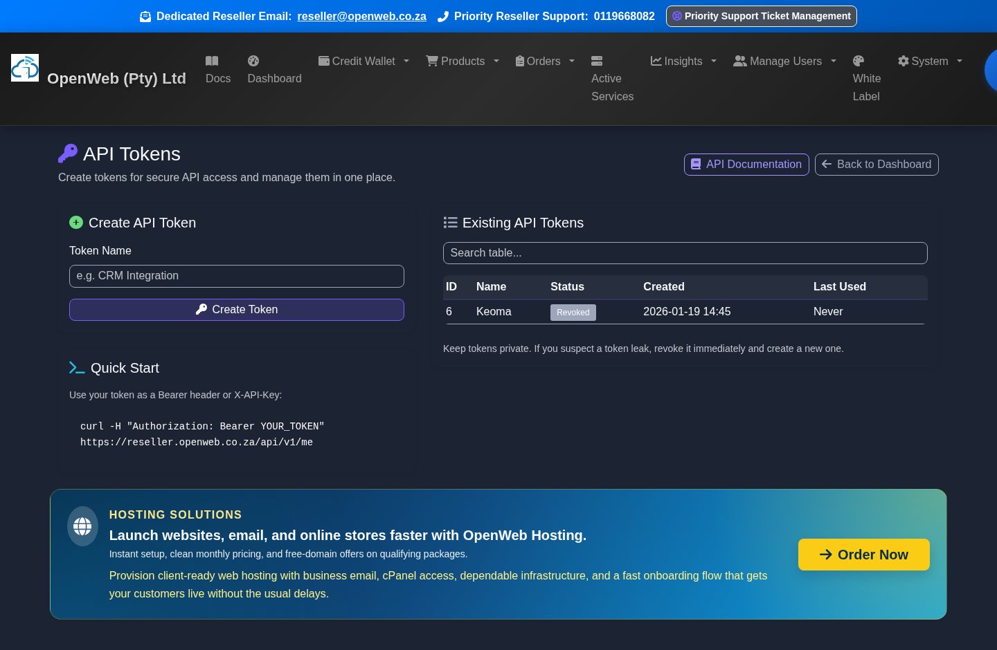 Live OpenWeb reseller panel screenshot: API tokens and API docs