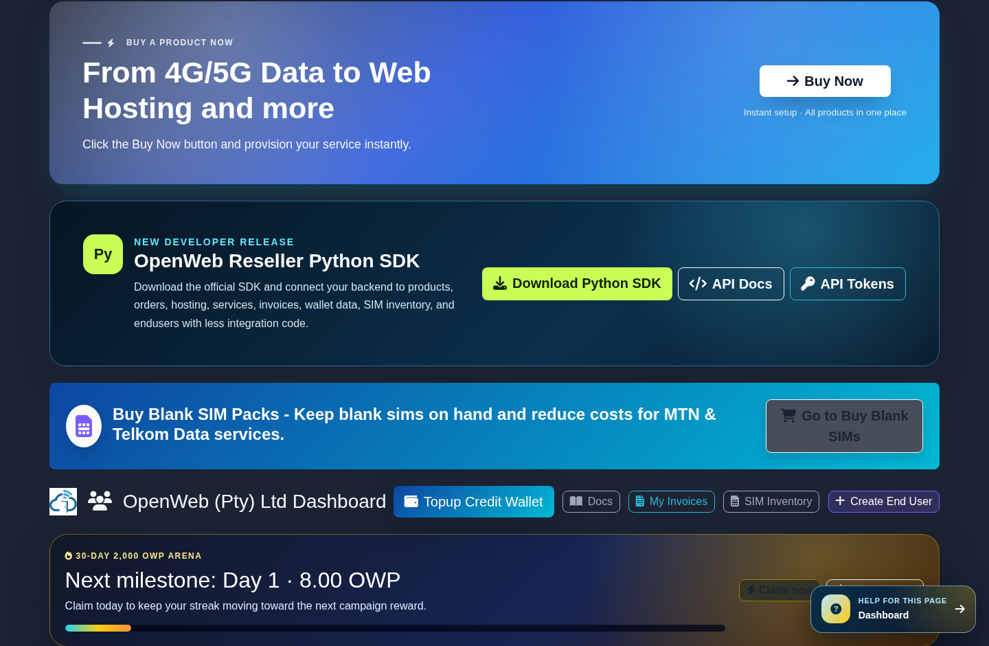 Live OpenWeb reseller dashboard showing product access, API tools, SIM ordering and campaign progress