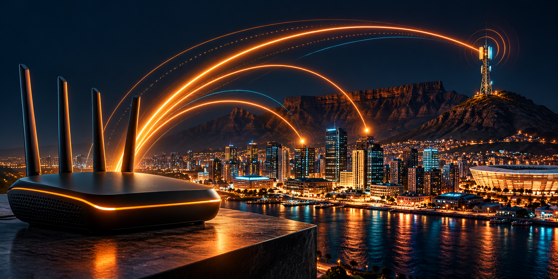 Generated illustration of a wireless router and connectivity paths across a South African city